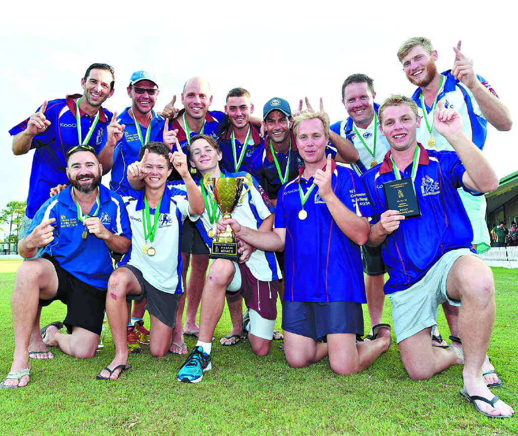 THREE IN A ROW: Past Grammars celebrate their third consecutive Fraser Coast Cricket title after a convincing eight-wicket win over Australs Gold. Grammars bowled Gold out for 117 and chased down the total in 32 overs. Paul Sanders top-scored for Grammars with 45 not out. THREE IN A ROW: Past Grammars celebrate their third consecutive Fraser Coast Cricket title after a convincing eight-wicket win over Australs Gold. Grammars bowled Gold out for 117 and chased down the total in 32 overs. Paul Sanders top-scored for Grammars with 45 not out.